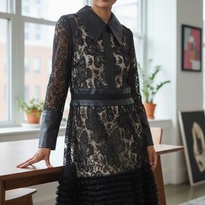 Gemma Kahng Elegant Black Leather and Lace Women's Coat or dress